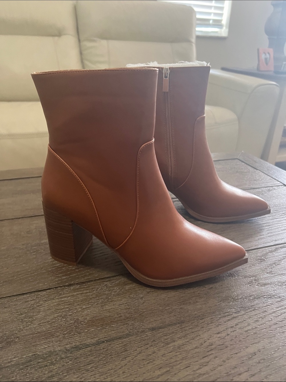 Amazon Brown Pointed-Toe Block Heel Ankle Boots